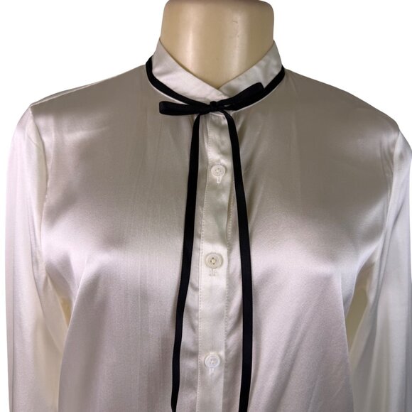 Lilysilk Womens White Long-Sleeve Button-Up Blouse Black Bow Detail Sz S - Picture 6 of 11